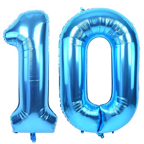 Image of TONIFUL 40 Inch Blue Number 10 Balloon Large Foil 10th Birthday Decorations | Blue 10 Balloon Number 10 for Milestone Ten Birthday Party 10th Anniversary, Blue Birthday Decor for Men Women Boys Girls