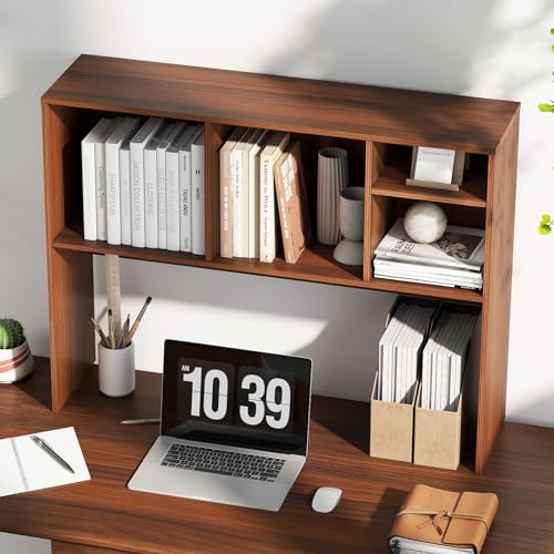 Image of Tangkula Desktop Bookshelf, Countertop Storage Hutch with 4 Shelves for Computer Desk, Desktop 2-Tier Display Rack, Multipurpose Wood Desk Hutch Storage Organizer for Dorm Office Home (Walnut)