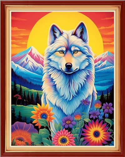 Image of Foxdiviy Stamped Cross Stitch Kits Full Range of Embroidery Needlework Starter Kits for Beginners Adults 11CT Embroidery Patterns Art Crafts DIY Needlepoint Kits-Sunrise Wolf 16x20 inch