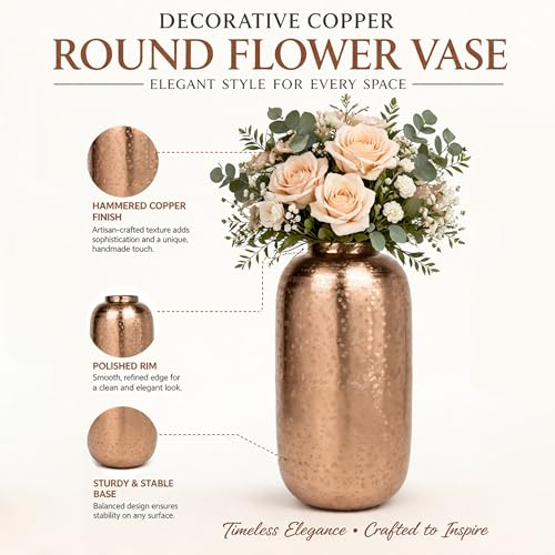 Image of INDIAN DECORMART Flower Vase | Flower Pots for Home Decor, Living Room, Bedroom, Office, Gifting, Colour Copper (IDM22242, 18x18x34 CM)