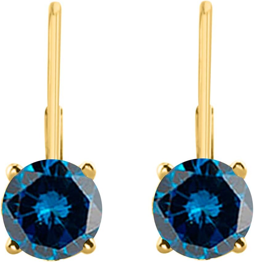 Mauli Jewels 1.00 Carat Blue Diamond Leverback Earrings 14K Yellow and White Gold Round Cut Prong Setting for Women