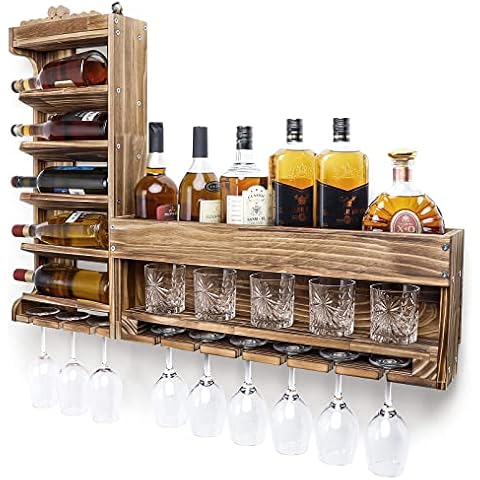 Homde Wine Rack Wall Mounted Wood,Wine Shelf with Bottle Stemware Glass Holder Rustic, Wine Display Storage Rack with Cork Holder for Home Bar Kitchen Decor (Regular Without LED) Cover