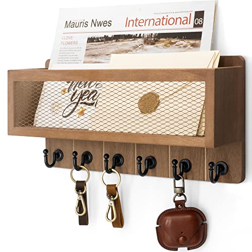 Rebee Vision Farmhouse Key Holder For Wall With Mail Storage Basket : Decorative Wall Mount Organizer With 6 Sturdy Wall Hooks And Wooden Key Rack - Rustic Home Decor (Retro Brown) #TOP13
