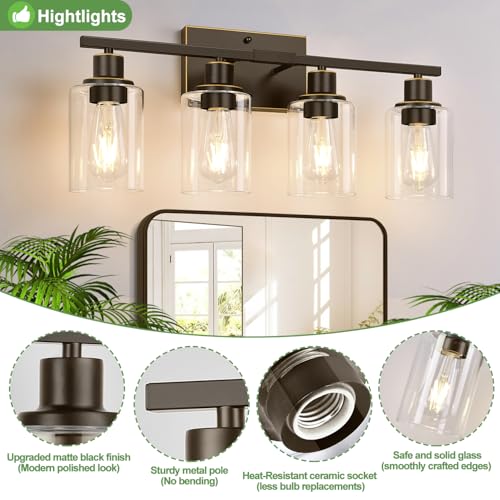 Image of Indoi 4-Light Bathroom Light Fixtures, Oil-Rubbed Bronze Modern Vanity Lights with Clear Glass Shades, Bathroom Wall Lamp for Mirror Living Room Cabinet Bedroom Porch