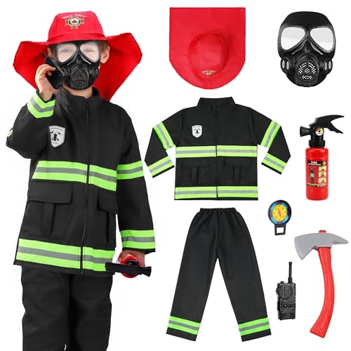 AYBUY Disfraz de Bombero para Niños, 8 pcs Traje de Bombero Infantil con Accesorios, Juego de rol de Bombero para Disfraces, Educación sobre Simulacros de Incendio, Negro, 5 a 6 Años