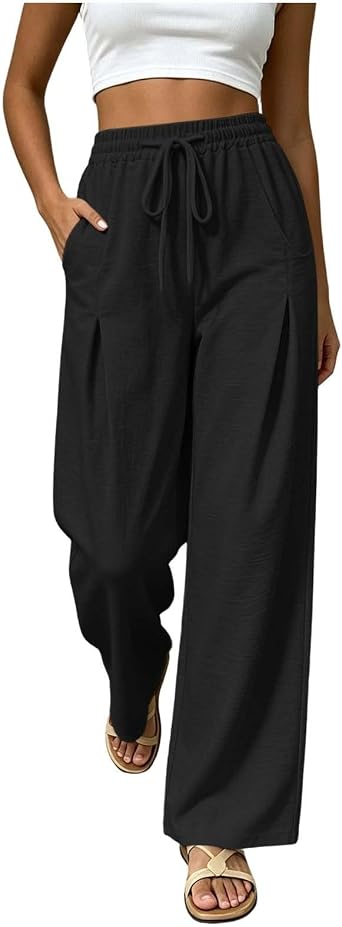 Loose Linen Pants for Women Cotton Linen Drawstring Relaxed Fit Palazzo Trousers with Pockets Summer Beach Wear