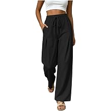 Loose Linen Pants for Women Cotton Linen Drawstring Relaxed Fit Palazzo Trousers with Pockets Summer Beach Wear