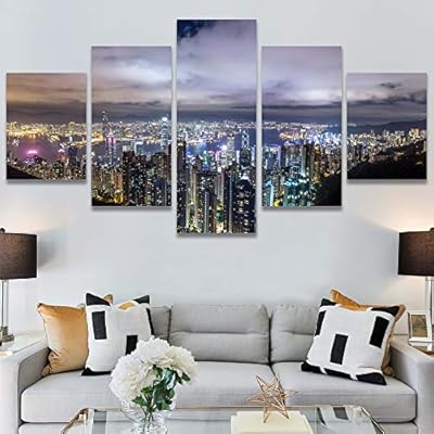 SIGNWIN 5 Panel Canvas Wall Art City Illuminations...