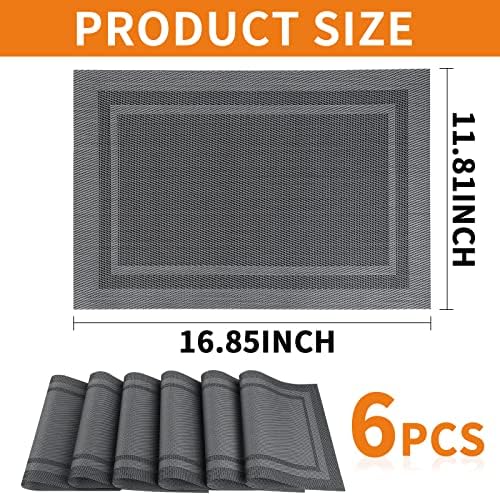 Amazon Brand - Umi. Placemats for Dining Table Set of 6, Heat Resistant Place Mats, Washable PVC Table Mats, Woven Vinyl Non-Slip Stain Resistant Kitchen Table Placemats, Easy to Clean (Grey)