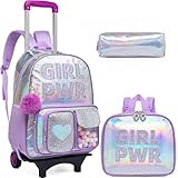 HTgroce Rolling Backpack with Wheel,School Backpack for Kids Girl Roller Schoolbag Wheeled Backpacks Set Carry-on Luggage,Purple