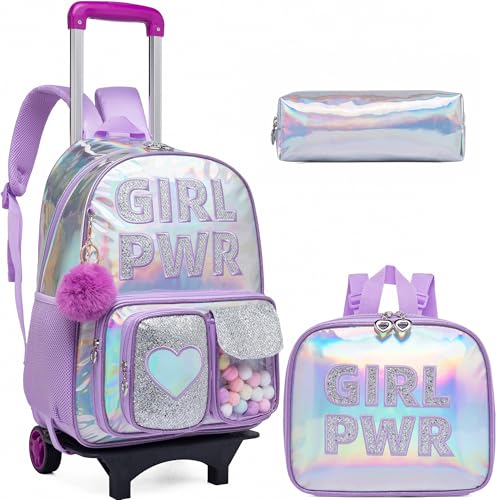 Image of HTgroce Rolling Backpack with Wheel,School Backpack for Kids Girl Roller Schoolbag Wheeled Backpacks Set Carry-on Luggage,Purple