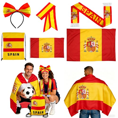 2026 Soccer Fan Gift Set Spain Flag Patriotic Accessories Bundle Includes Flag Cape Headband Scarf Hair Hoop Drawstring Bag for World Cup Sports Events Party Parade (Spain)