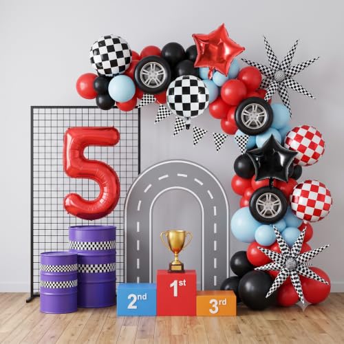 Image of TONIFUL Race Car Party Balloons Set - 40 Inch Red Number 5 Foil Balloon with Checkered Round, Explosion Star & Star Balloons for Boys 5th Birthday Car Themed Decorations, Photo Backdrop Supplies