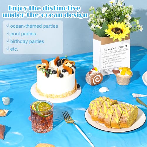 Image of Kochorie 54 Inch x 200 Ft Ocean Waves Plastic Tablecloth Roll in Slide Cutter Box Under the Sea Table Cover Blue Water Print Backdrop Bulletin Board Plastic Roll for Beach Pool Birthday Party Decor