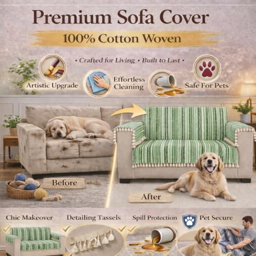 Image of STITCHNEST Woven 1 Seater Sofa Protector with 2 Hand Rest Covers - Green & White Stripe Design - Washable Fabric with Tassels - Stylish Sofa Cover for Modern Living Room & Furniture Decor