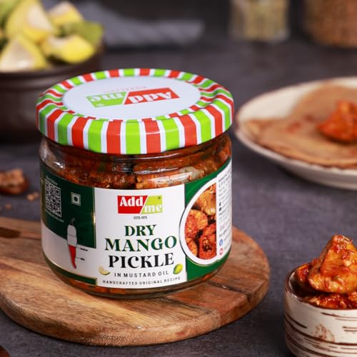 Image of Add me Dry mango pickle in Mustard oil 300gm | aam ka sukha achar in dry style mango pickles glass pack. (Dry Mango Pickle, 300gm)