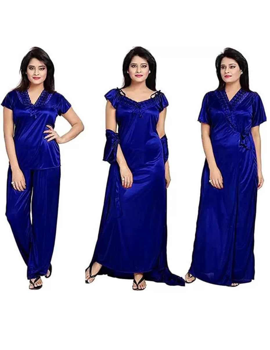 || Women's Solid Satin Floor Length Nighty Set (Set of 4) | 4 Piece Nightwear Set (1 Robe, 1 Nighty, 1 Top, 1 Pyjama) for Women-image-23