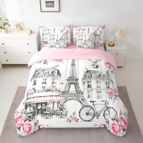 Image of Eiffel Tower King Size 7 Pcs Bedding Sets with Sheets,Comforter,Pillowcases,Pillow Covers French Building Decor Romantic Style Comforter Set Pink Rose Hot Air Balloon Bedroom Dorm Bed Set