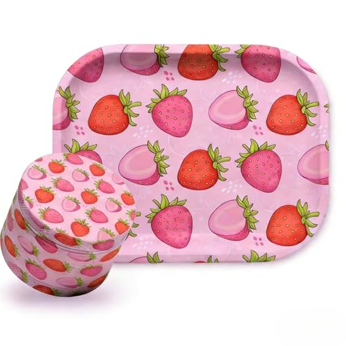 Strawberry Pink Grinder and Rolling Tray Set 2 Cute Grinder & 7 x 5 Rolling Tray Premium Metal Rolling Tray Kit | Pink Aesthetic Accessories for Women Girls Gifts