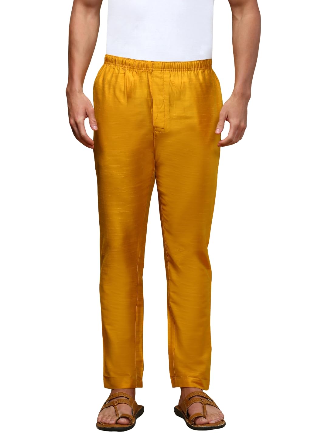Mens Viscose Blend Salwar Pyjama Pant | Elasticated Waistband with Inner Drawstring, Button Closure, Side Pockets| Regular Fit Ethnic Wear Churidar Pajama (Yellow; L)-image-49