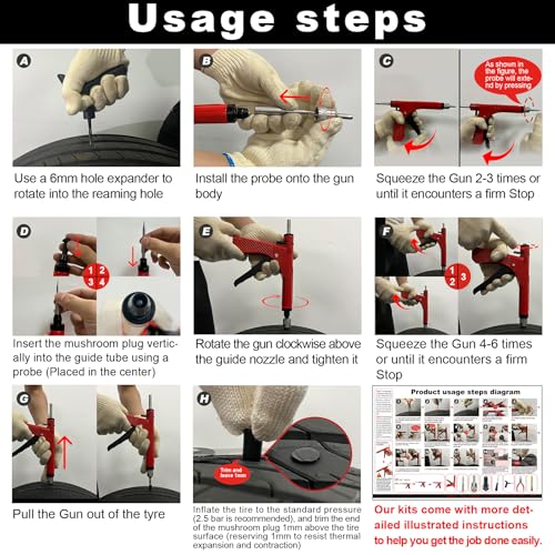 Image of Richcat Tubeless Tire Puncture Repair Kit with Mushroom Plug, Repairs punctures and Flat Tires for Motorcycles, Cars, Trucks, ATVs,Gun Puncture Repair Kit
