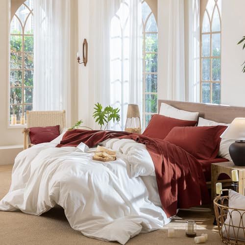 Image of MooMee Sheet Set 100% Washed Cotton Linen-Like Extra Deep Pocket Queen | Relaxed Linen-like Texture. Soft, Breathable & Lightweight Comfort. 15-19 inch Extra Deep Pocket with All-around Elastic