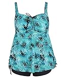 Hilor Womens Tummy Control Modest Swimwear Plus Size Flowy Swimsuits with Shorts Vintage Two Piece Bathing Suits Swirl Green 16