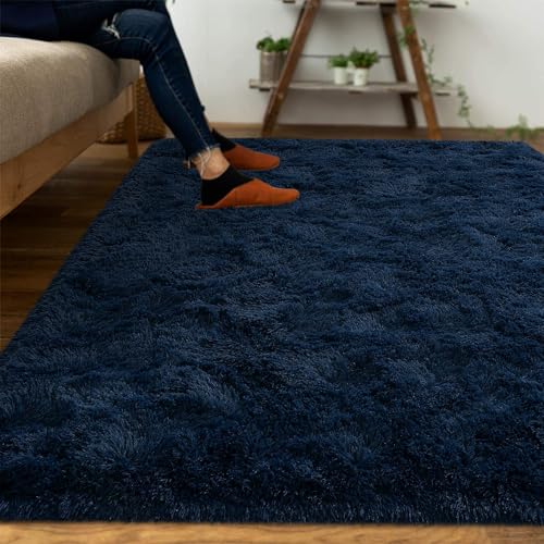 Image of Carpet for Hallway, Kitchen, and Modern InteriorsCarpetCozy Shag Runner for Living Room, Bedroom & Office Decor ETC Size 4x6 feet, Patten-Solid Blue