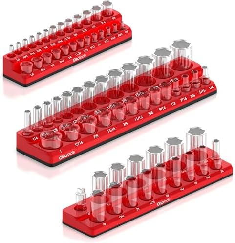 Olsa Tools Magnetic Socket Organizer - 3 Piece Socket Holder Kit - 1/2-Inch - 3/8-Inch - 1/4-Inch Drive - SAE - Red - Holds 68 Sockets - Professional-Grade Tool Organizer - Part: 1150