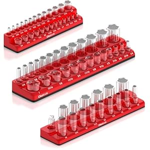 Olsa Tools Magnetic Socket Organizers | 3 Piece Set Socket Holder Kit | 1/2-Inch, 3/8-Inch, & 1/4-Inch Drive | SAE Red | Holds 68 Sockets | Professional Quality Tools Organizer Part 1150