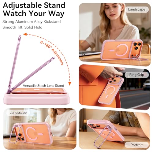 Image of for iPhone 17 Pro Case with Stash Lens Stand and 9H Screen Protector, Compatible with MagSafe, Military-Grade Drop Protection Magnetic Phone Case for iPhone 17 Pro, 360 Full Protection, Pink