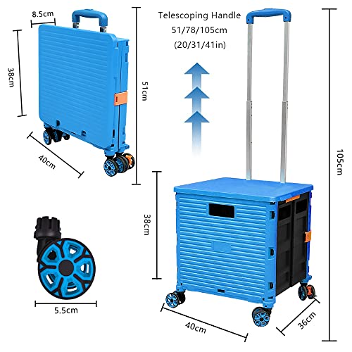 Image of FELICON SELORSS Foldable Utility Cart Folding Portable Rolling Crate Handcart with Durable Heavy Duty Telescoping Handle Collapsible 4 Rotate Wheels for Travel Shop Move Luggage Laundry (Light Blue)