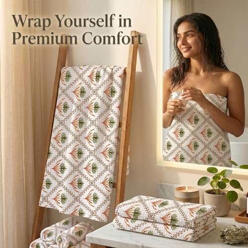 Image of Mafatlal Madhuban Lightweight Waffle Cotton Set (1 Bath 147x76 cm + 2 Hand 76x38 cm) | 250 GSM | Soft, Hand Printed Floral | Foliage Color