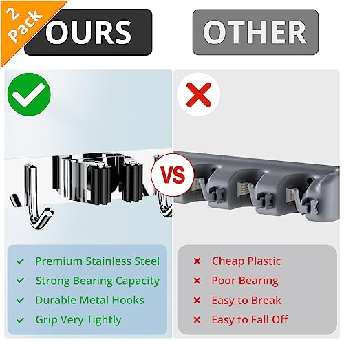 2 Pack Mop Broom Holder Wall Mount, Broom Organizer Mop And Broom Storage Tool Racks Stainless Steel Self Adhesive Wall Hanger For Home Kitchen Garden Laundry Garage By Zongool (3 Racks 4 Hooks) #TOP4