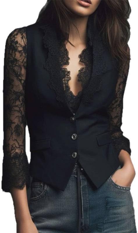 Women's Floral Lace Blazer Jacket Fashionable and Sexy Women's Top Casual Versatile Work Office Elegant Vest