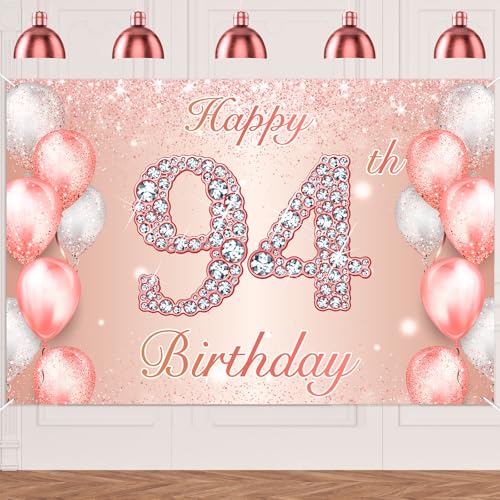 Image of Happy 94th Birthday Rose Gold Banner Cheers to 94 Years Old Backdrop Confetti Balloons Theme Decor for Women 94 Years Old Pink Birthday Party Decorations Bday Supplies Background Favors Gift Glitter