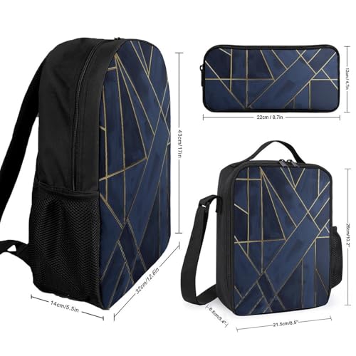 3 Piece Backpack for Women Men Lightweight Causal Daypack Shoulder Bag Set with Insulated Lunch Bag And Pencil Case Organizers Gold Line Style2