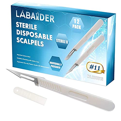 Scalpels Blades #11 12 Pack Disposable Sterile Scalpel Knives, non-slip plastic rule handle, Individually Pouch, for Biology Lab Anatomy, Practicing Cut, Medical Student, Sculpting, Podiatry Scalpels Blades #11 12 Pack Disposable Sterile Scalpel Knives, non-slip plastic rule handle, Individually Pouch, for Biology Lab Anatomy, Practicing Cut, Medical Student, Sculpting, Podiatry