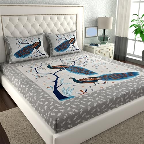 Image of KOUNDAL Rajasthani Jaipuri Sanganeri Printed 144 TC 100% Cotton Bed Sheet Set for Double Bed,Floral Print, Double Bedsheet Cotton with 2 Pillow Covers (Grey(Peacock), King)