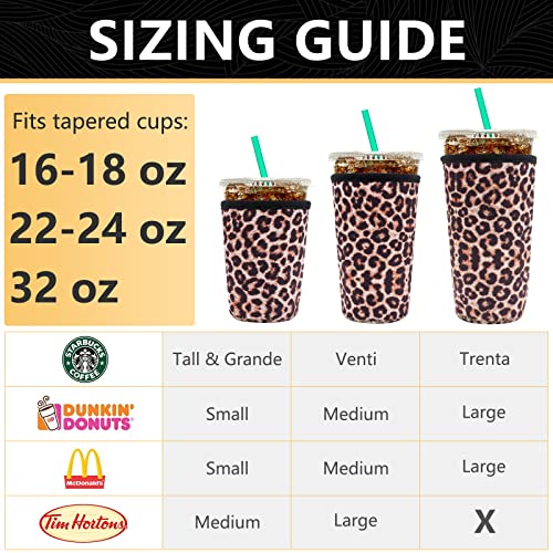 Image of YR Reusable Neoprene Insulator Sleeve for Iced Coffee Cups, 3 Pack Coffee Coolies sleeves for Iced & Hot Drinks, Cold Beverage Cooler Compatible with Starbucks Coffee and More (Leopard)