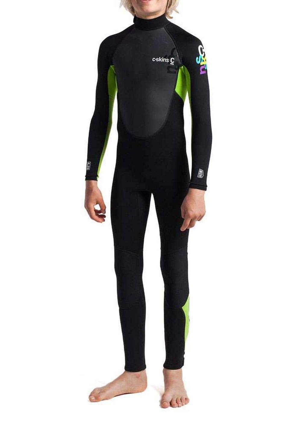 2023 C-Skins Junior Element 3/2mm Back Zip Wetsuit - Black Lime - Breathable - Unisex