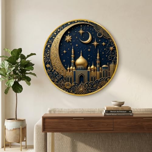 Image of SAF Islamic Mosque Crescent Moon Round Wall Painting with Premium PVC Golden Frame, Blue Gold Starry Night Arabic Art for Prayer Room Living Room Decor (16 x 16 Inch) GRM-436