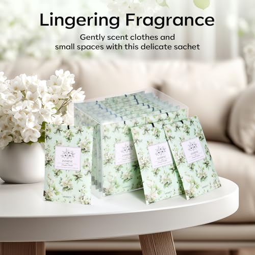 Image of MYARO 20 Pack Jasmine Scented Sachets - Fresh Drawer & Closet Air Freshener Bags, Odor Eliminator for Bathroom, Lingerie Drawers, Car & Travel