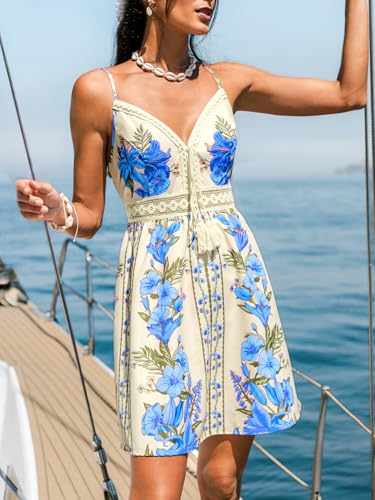 Image of CUPSHE Womens Boho Floral Summer Dress V Neck Lace Trim Spaghetti Strap Backless Smocked Back Beach Vacation Mini Dress