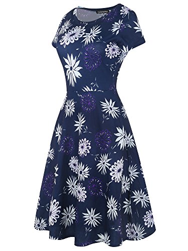 Image of oxiuly Women Casual Dress Round Neck Soft Cotton Floral A-Line Midi Summer Dresses with Pockets OX262