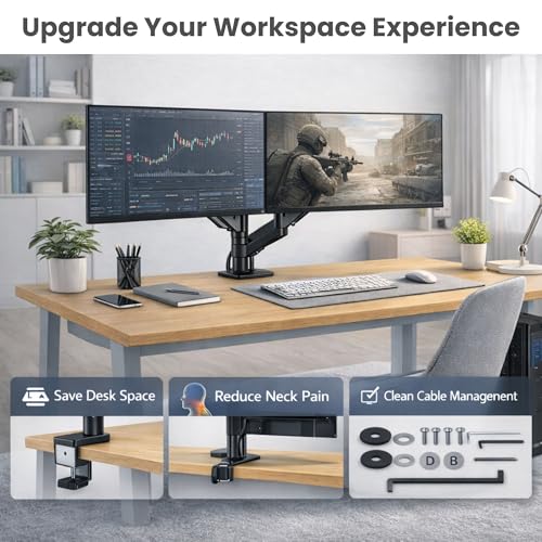 Image of RISSACHI Heavy Duty Dual Monitor Stand for Desk /Table with Gas Spring Height Adjustment for 17-32 inch Screen | Computer Dual Monitors Stand with 10 KG Weight Capacity | VESA Mount,Black