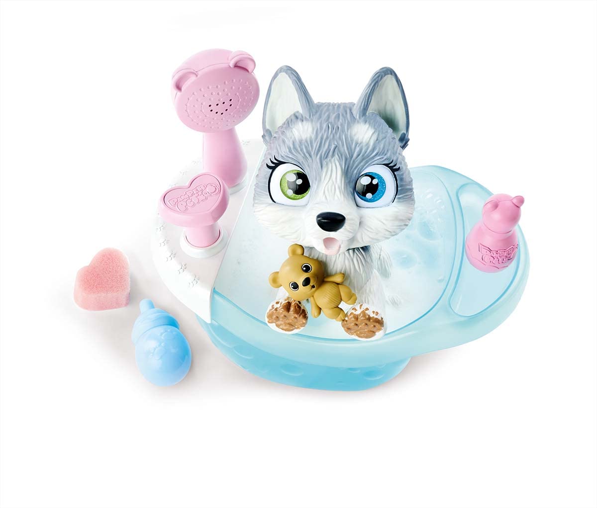 Simba 105953560 - Pamper Petz Husky z wanną, z funkcją pompowania, butelka do picia, butelka z pianki, spryskiwacz wody, 25 cm zabawka dla psa, od 3 lat