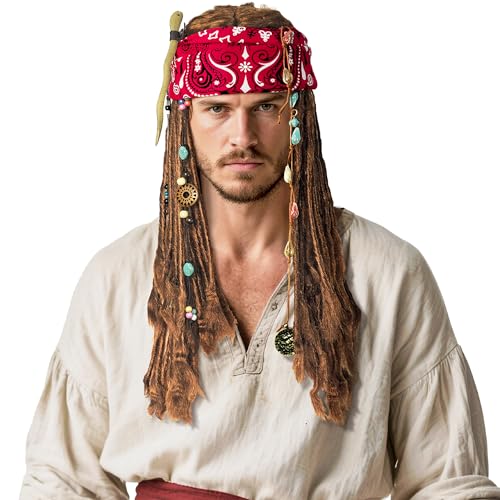 DigiTizerArt Pirate Captain Costume Wig for Men Women Cosplay Halloween Party Costume Props Bandana Braid Beads Accessories (Brown)