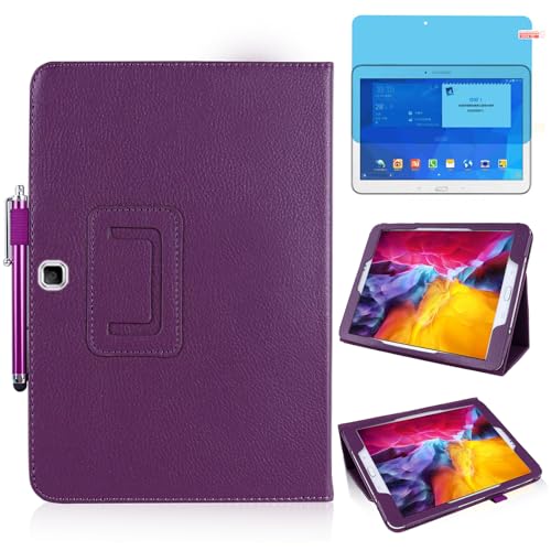 Slim Leather Case for Samsung Galaxy Tab 4 10.1 Inch 2014 (SM-T530 T535 T531 T537), Multi-Angle Stand Full-Protective Tablet Cover Book Case with Stylus Pen,Screen Film (Purple)