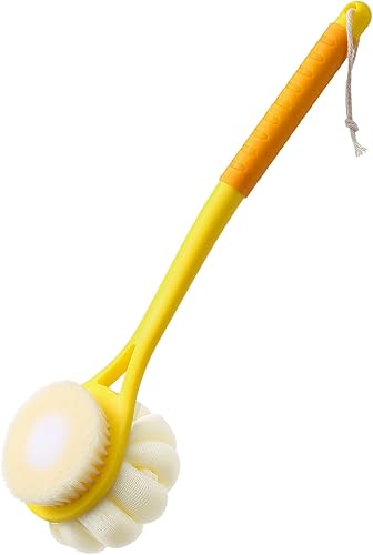Cepillo corporal de ducha, cerdas suaves y hermosa esponja de calabaza de 14 pulgadas de largo con mango largo, esponja de malla para baño